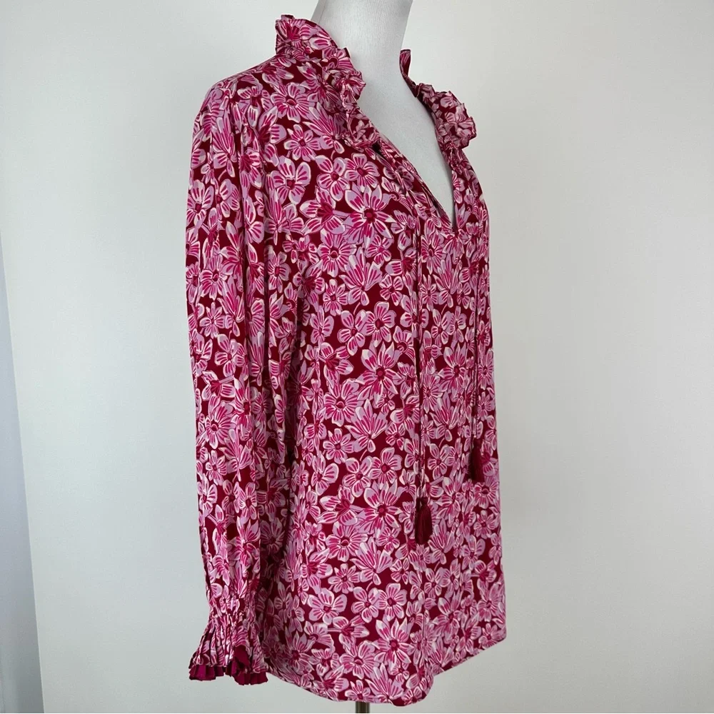 Rungolee Francesca Fuchsia Taffiti Floral Silk Top Size Large